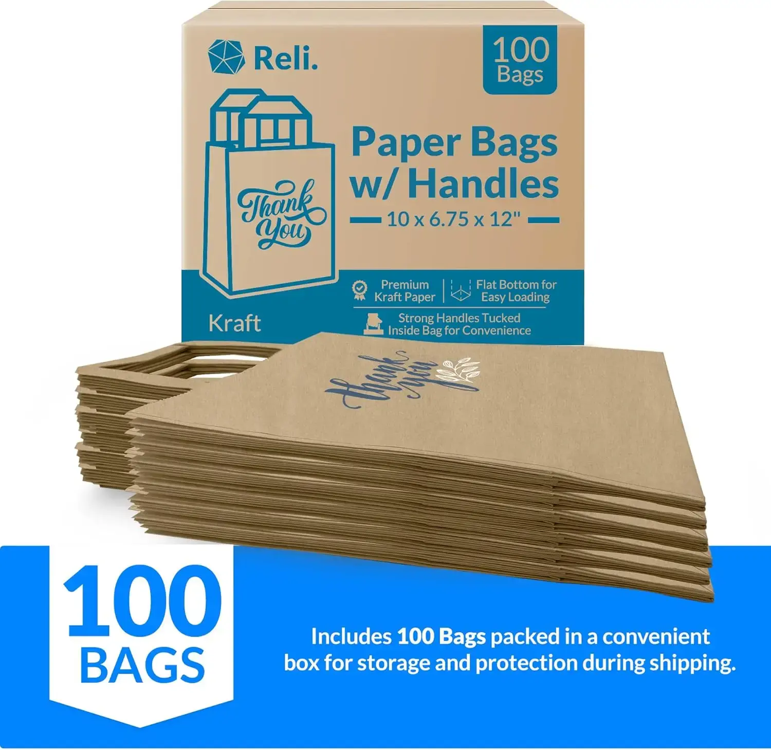 Brown Paper Bags w/Handles，100 Pcs Bulk，10"x6.75"x12"，Paper Thank You Bags, Kraft，Printed，Shopping