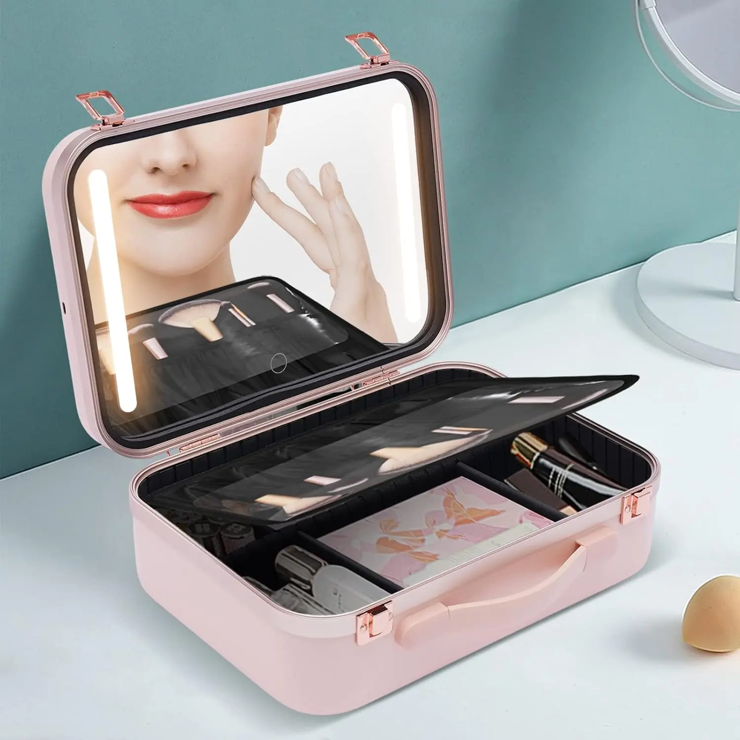 13.4 Inch Travel Makeup Case with Large Lighted Mirror Partitionable Cosmetic Bag Waterproof Portable Cosmetic Organizer (Pink)