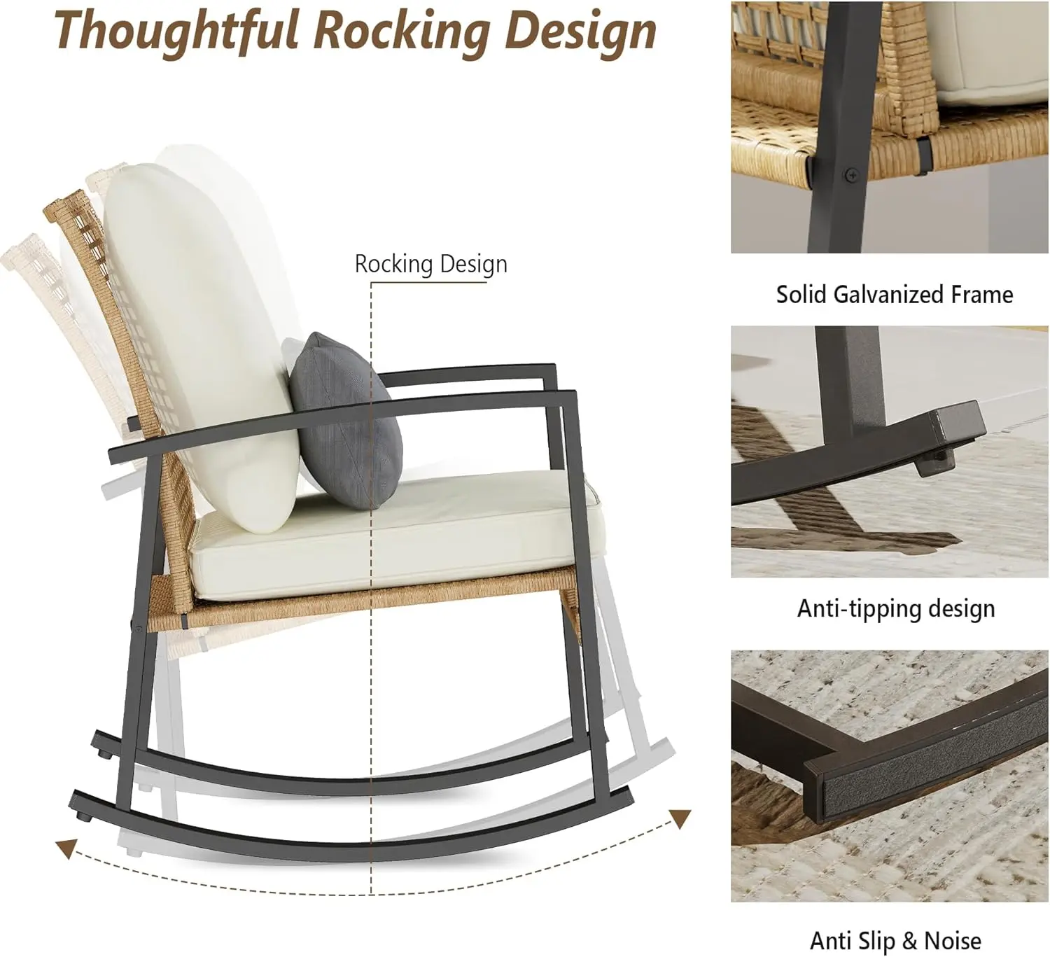 3 Piece Patio Rocking Chairs Set of 2, Outdoor Rocking Chair Bistro Set with Tempered Glass Coffee Table and Thick Lumbar Pillow