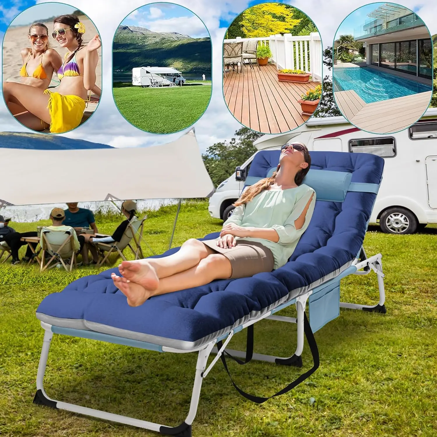 Sun Tanning Chair with Removable Cotton Cushion，4-in-1 Patio Lounge Chair, Heavy Duty Folding Chaise with 500LB Load Capacity