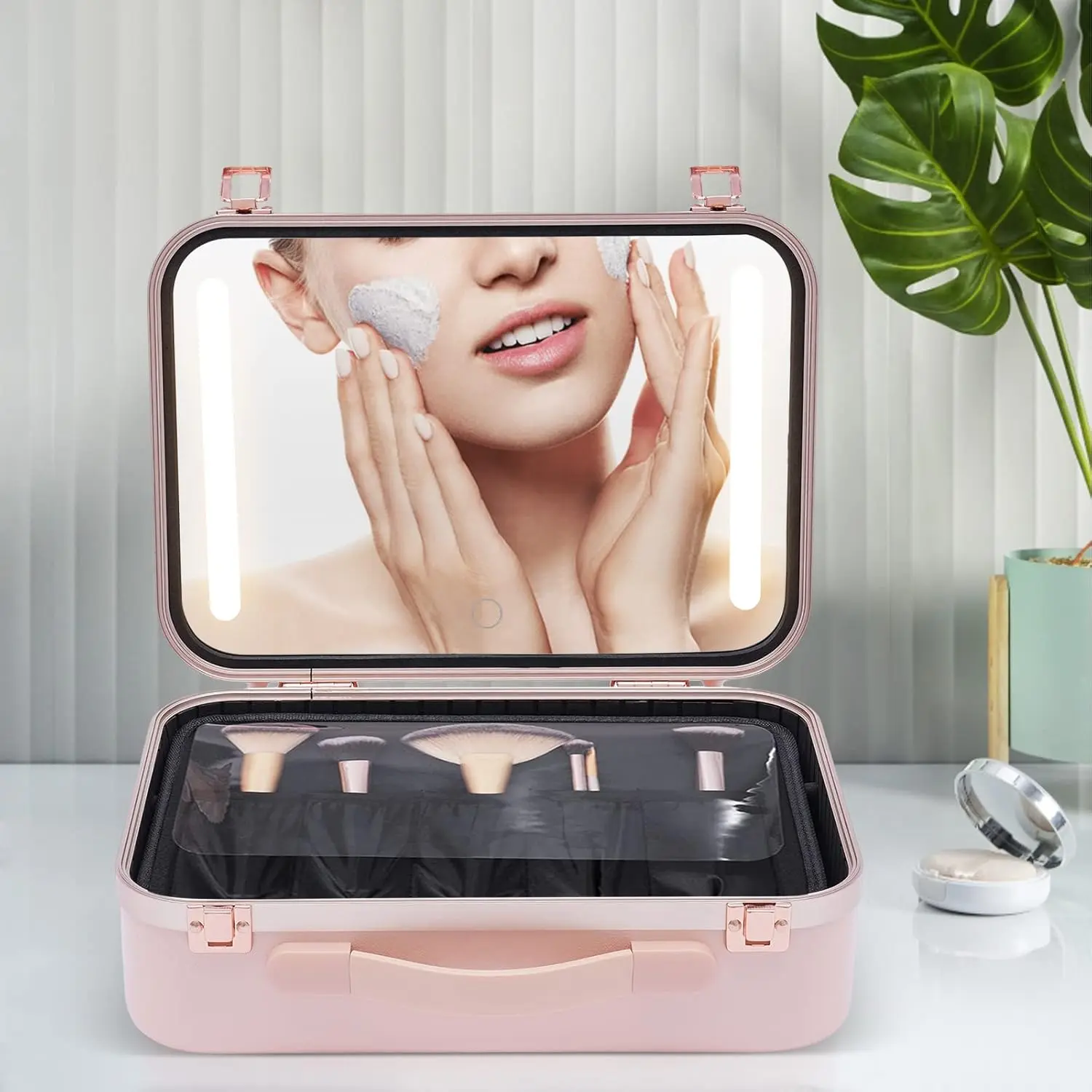 13.4 Inch Travel Makeup Case with Large Lighted Mirror Partitionable Cosmetic Bag Waterproof Portable Cosmetic Organizer (Pink)