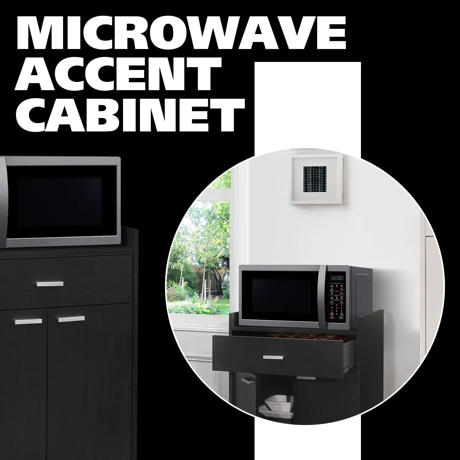 Kitchen Cabinet Rolling Cart on Wheels, Microwave Shelf Stand with One Drawer, Two Doors for Kitchen, Dining Room, Black