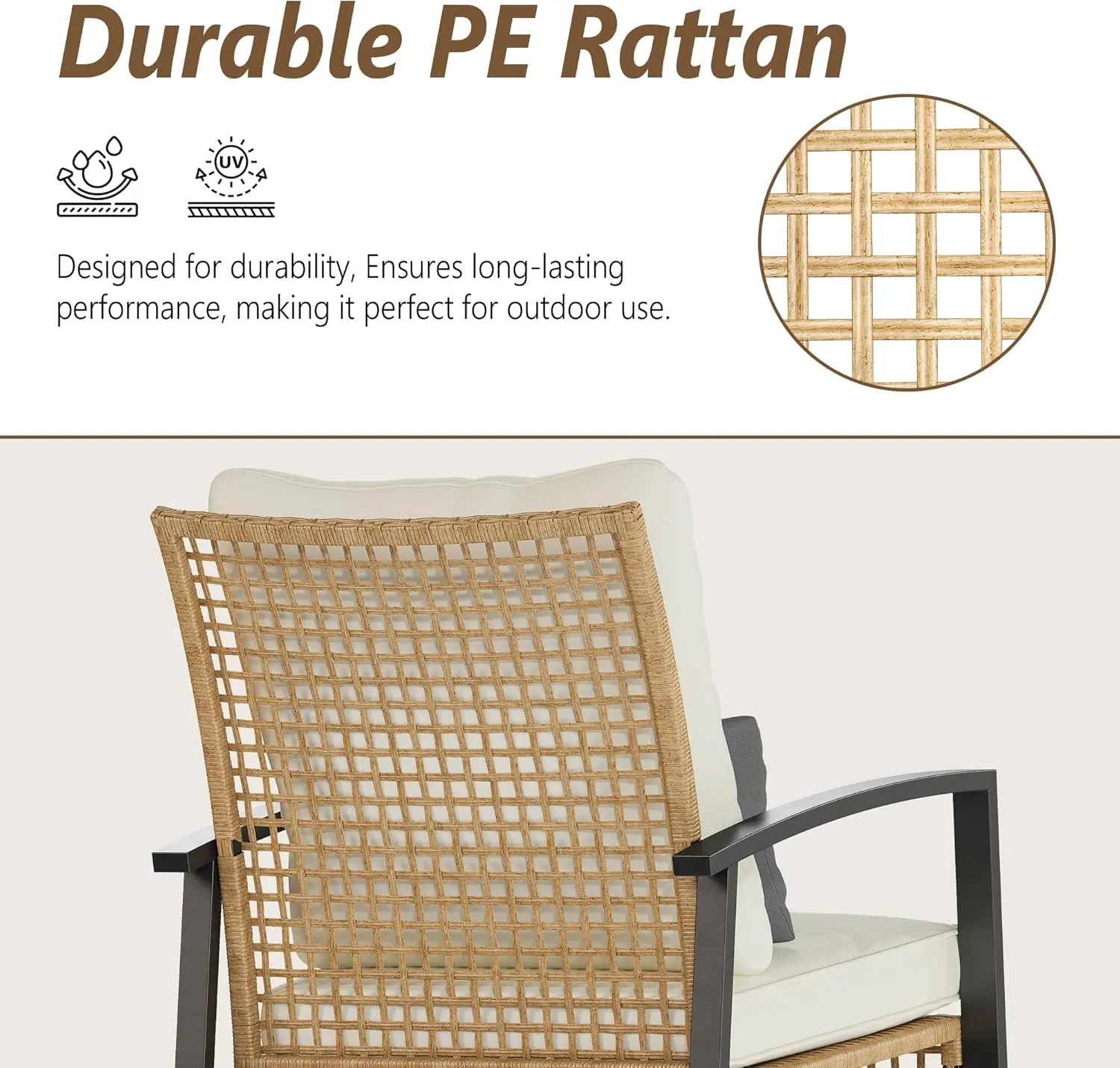 3 Piece Patio Rocking Chairs Set of 2, Outdoor Rocking Chair Bistro Set with Tempered Glass Coffee Table and Thick Lumbar Pillow
