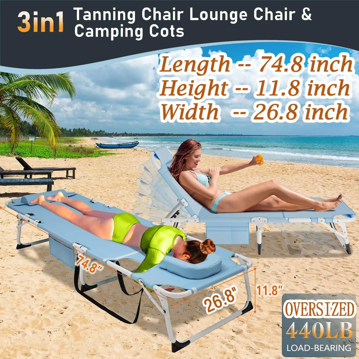 Sun Tanning Chair with Removable Cotton Cushion，4-in-1 Patio Lounge Chair, Heavy Duty Folding Chaise with 500LB Load Capacity