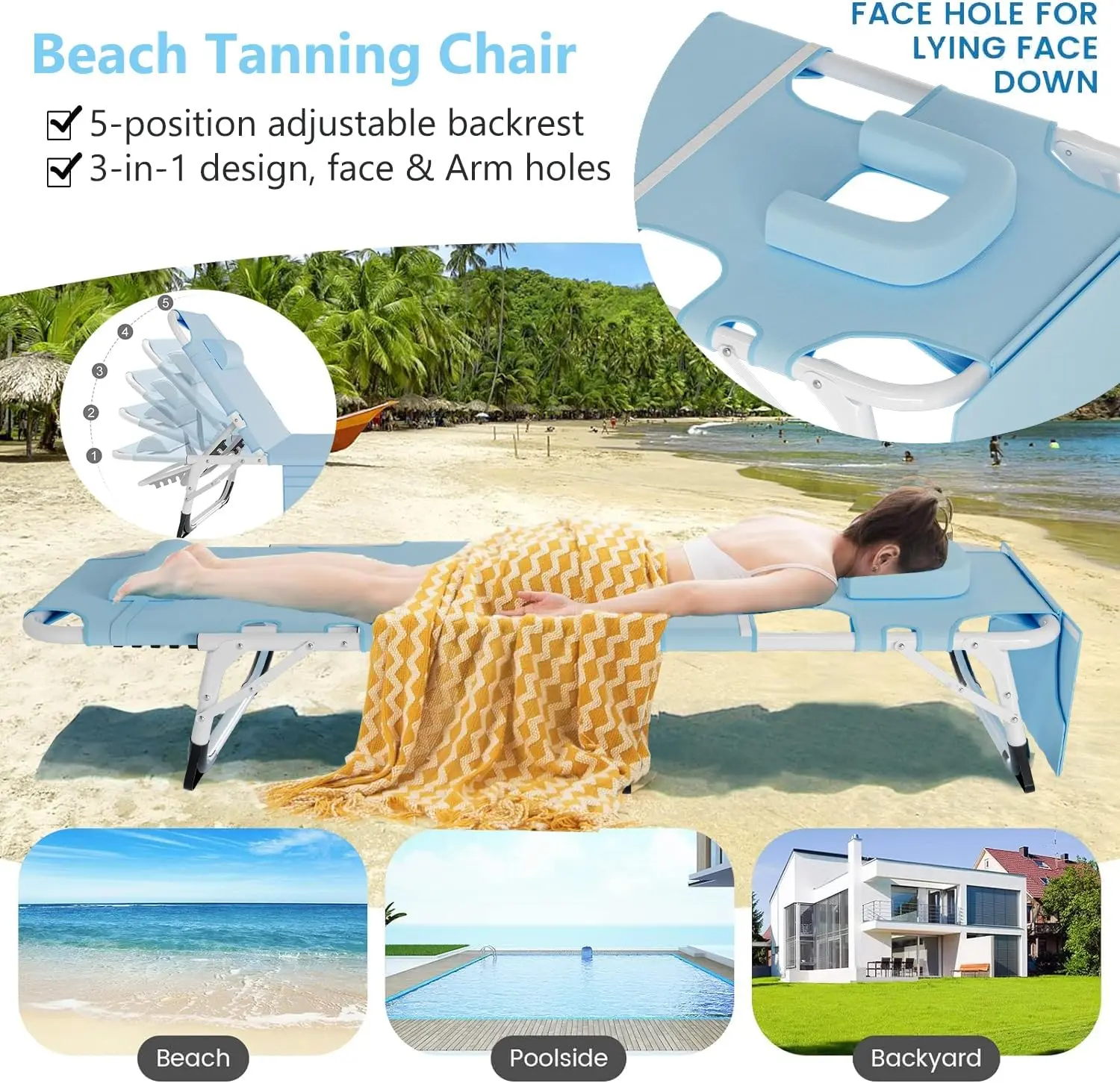 Sun Tanning Chair with Removable Cotton Cushion，4-in-1 Patio Lounge Chair, Heavy Duty Folding Chaise with 500LB Load Capacity