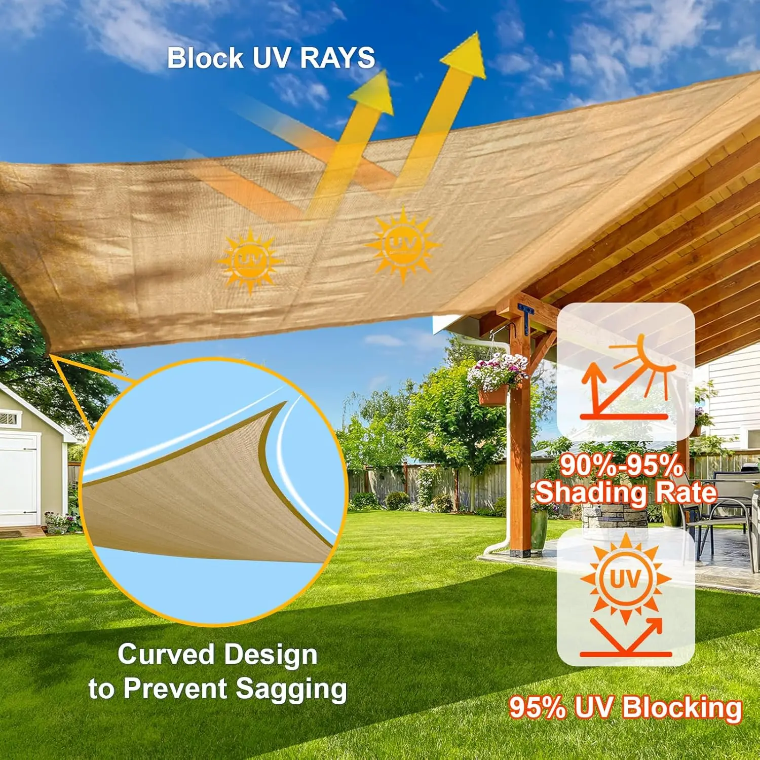 Sun Shade Sail 8' x 16' Sand Rectangle Canopy Sail Shade Cover UV Block Permeable Sunshade Outdoor for Patio Backyard