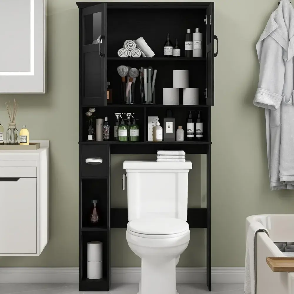 Over The Toilet Storage Cabinet, Storage Cabinet Over Toilet with Double Doors & Toilet Paper Holder Stand