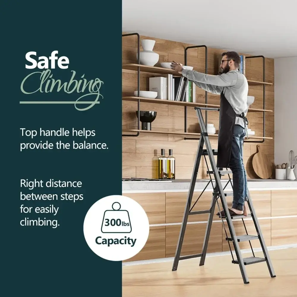 6 Step Ladder for 12 Feet High Ceiling, Lightweight Foldable Ladder with Non-Slip Wide Pedals, Stepladder with Safe Handrail, S
