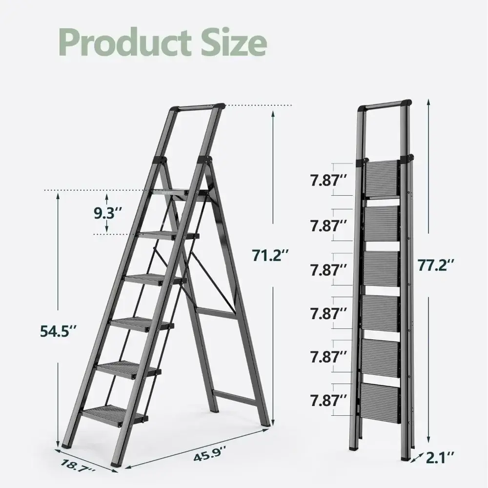 6 Step Ladder for 12 Feet High Ceiling, Lightweight Foldable Ladder with Non-Slip Wide Pedals, Stepladder with Safe Handrail, S