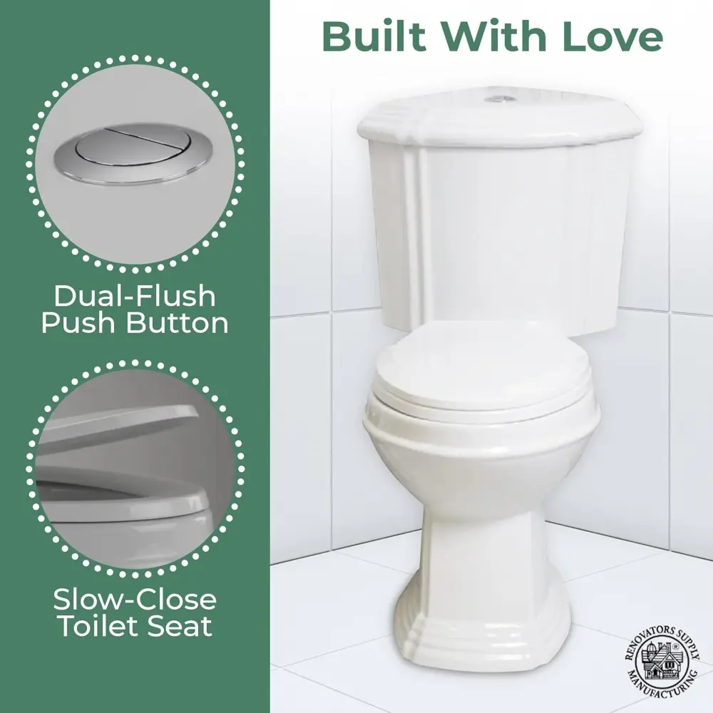 Renovators Supply Sheffield Corner 2-Piece Elongated Toilet 33.75"D X 19"W X 32.25"H WaterSense Dual Flush White Elongated Toile