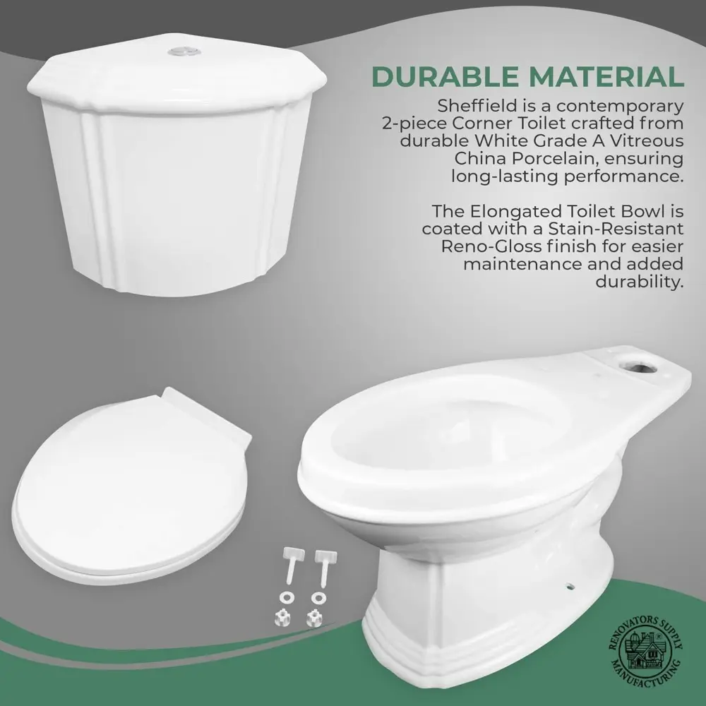 Renovators Supply Sheffield Corner 2-Piece Elongated Toilet 33.75"D X 19"W X 32.25"H WaterSense Dual Flush White Elongated Toile