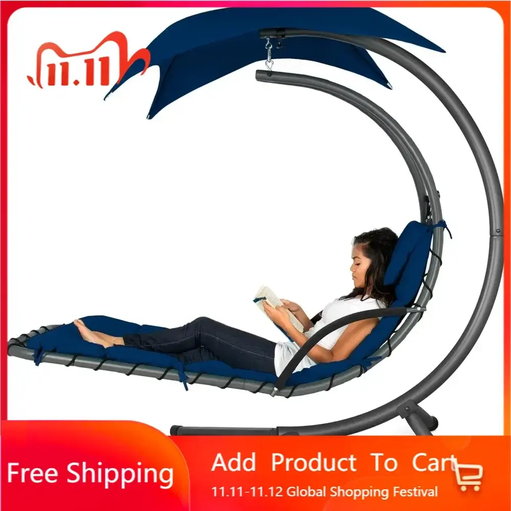 Outdoor Hanging Curved Steel Chaise Lounge Chair Swing w/Built-in Pillow and Removable Canopy - Navy Blue