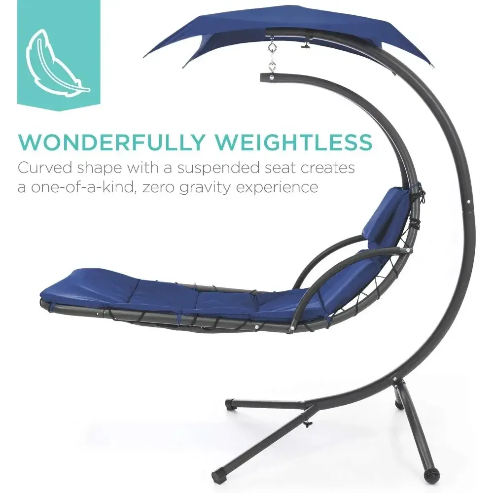 Outdoor Hanging Curved Steel Chaise Lounge Chair Swing w/Built-in Pillow and Removable Canopy - Navy Blue