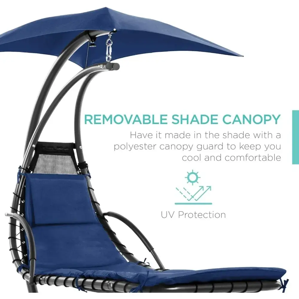 Outdoor Hanging Curved Steel Chaise Lounge Chair Swing w/Built-in Pillow and Removable Canopy - Navy Blue