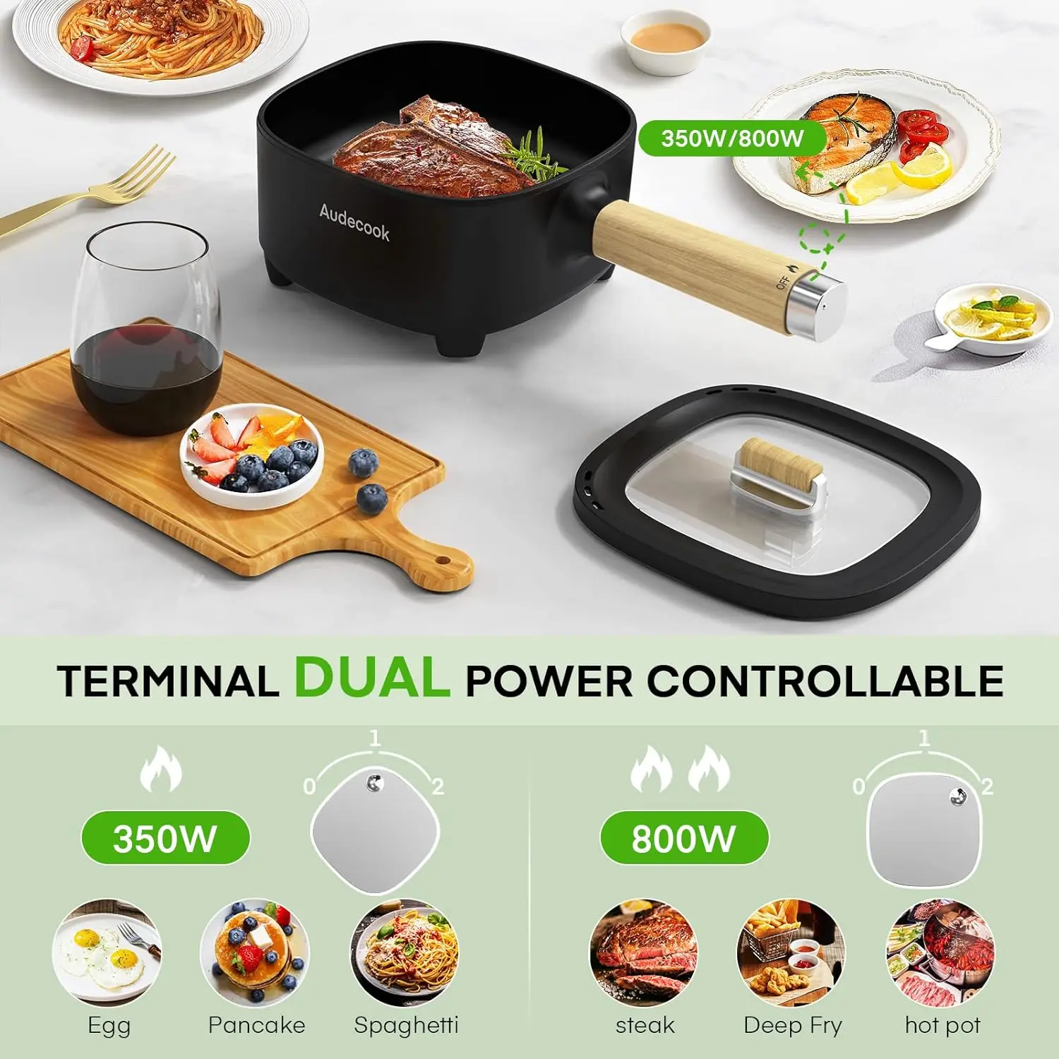 Hot Pot Electric 2L, Cermic Glaze Non-Stick Frying Pan 8 Inch, Portable Travel Cooker for Ramen/Steak/Fried Rice/Oatmeal/Soup,