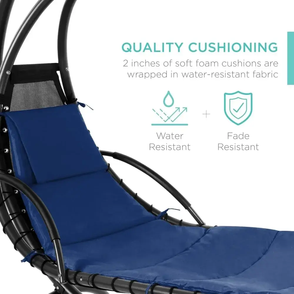 Outdoor Hanging Curved Steel Chaise Lounge Chair Swing w/Built-in Pillow and Removable Canopy - Navy Blue