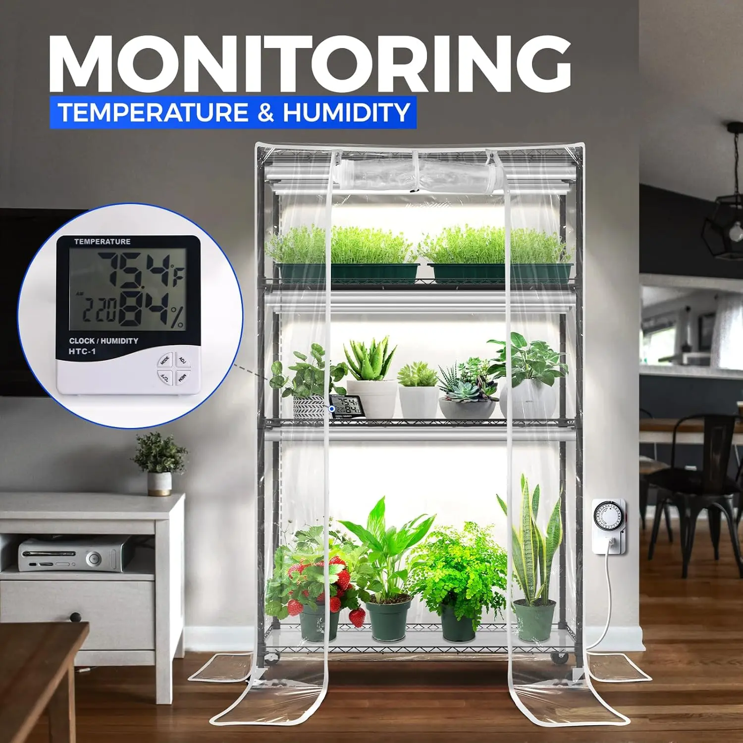 Mini Greenhouse with LED Grow Light for Indoor Plant, 4-Tier Portable Metal Plant Stand with Wheels, Plant Shelf with Tent