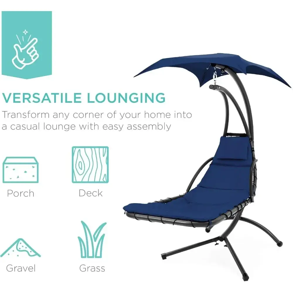 Outdoor Hanging Curved Steel Chaise Lounge Chair Swing w/Built-in Pillow and Removable Canopy - Navy Blue