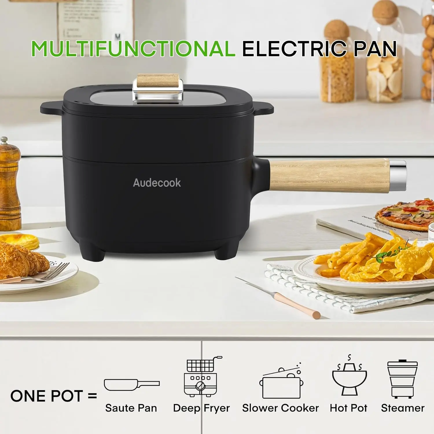 Hot Pot Electric 2L, Cermic Glaze Non-Stick Frying Pan 8 Inch, Portable Travel Cooker for Ramen/Steak/Fried Rice/Oatmeal/Soup,