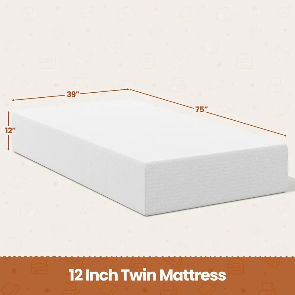 12 Inch Twin Mattress 3 Foam Layer Cooling Gel Memory Foam Mattresses, Green Tea for Fresher Sleep, Medium Firm, CertiPUR-US Ce