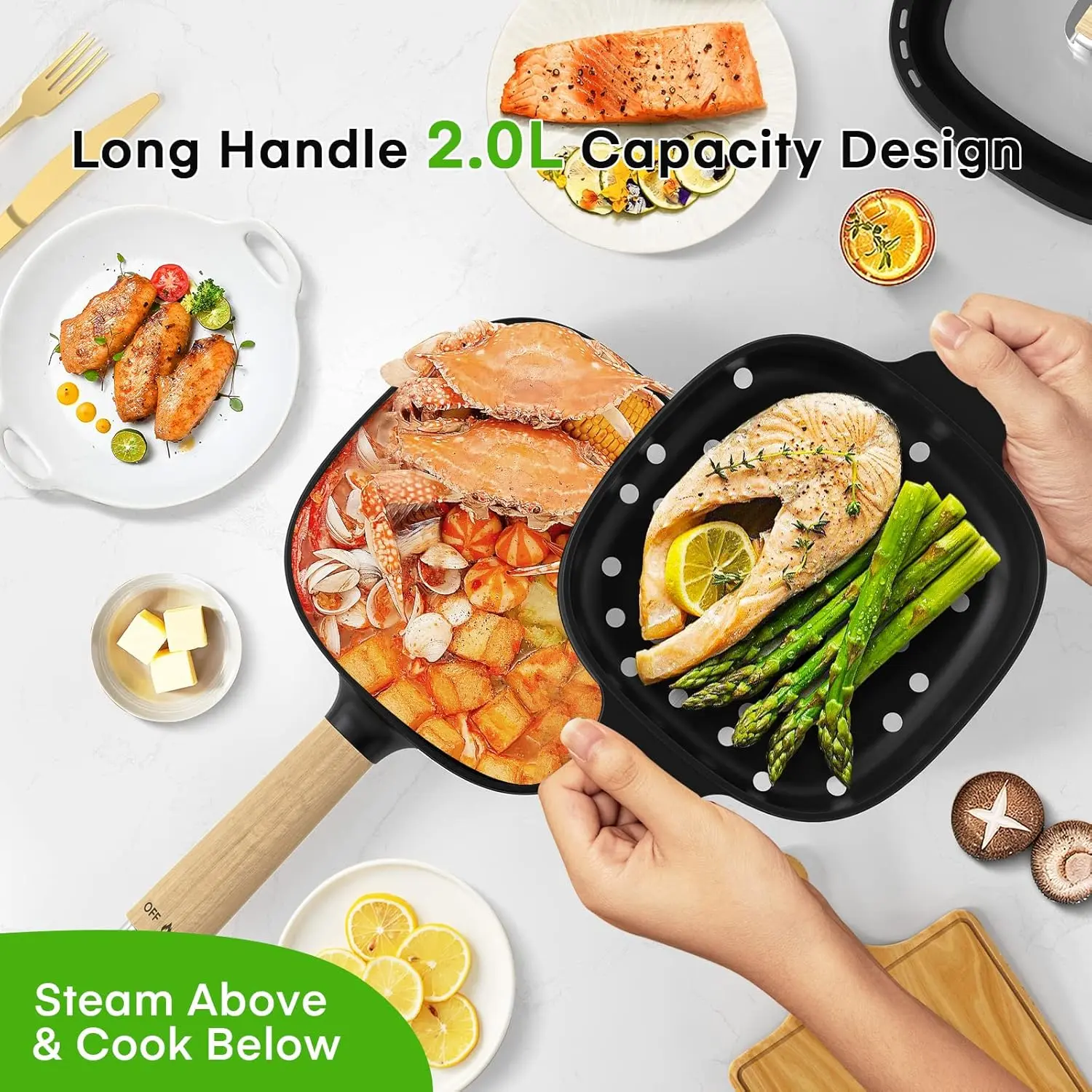 Hot Pot Electric 2L, Cermic Glaze Non-Stick Frying Pan 8 Inch, Portable Travel Cooker for Ramen/Steak/Fried Rice/Oatmeal/Soup,