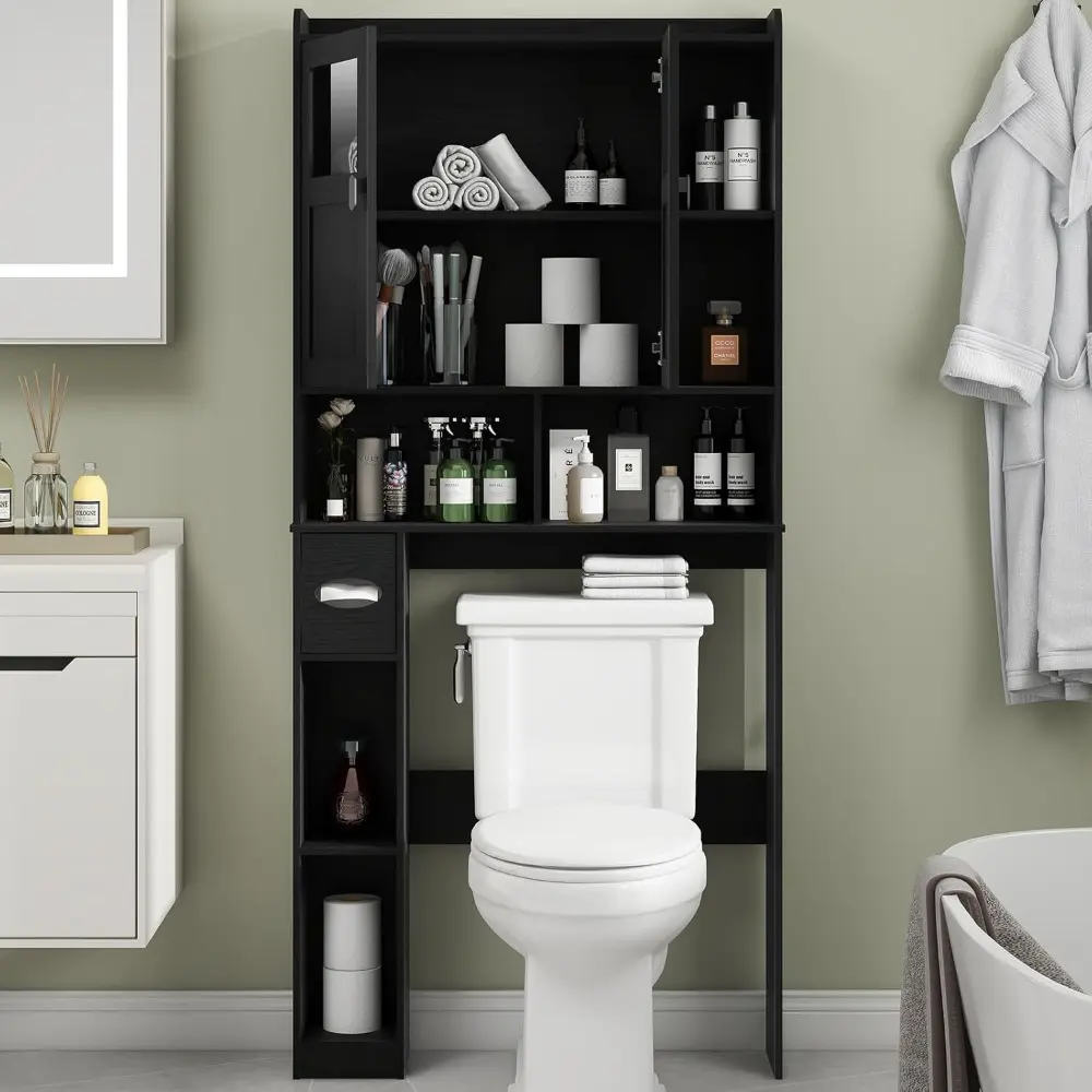 Over The Toilet Storage Cabinet, Bathroom Shelf Over Toilet with Glass Doors and Adjustable Shelves, Black Freestanding Home Sp