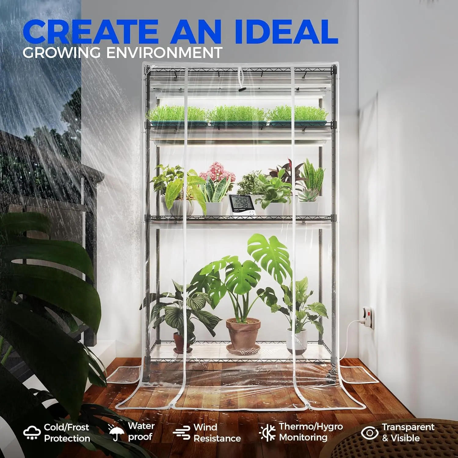 Mini Greenhouse with LED Grow Light for Indoor Plant, 4-Tier Portable Metal Plant Stand with Wheels, Plant Shelf with Tent