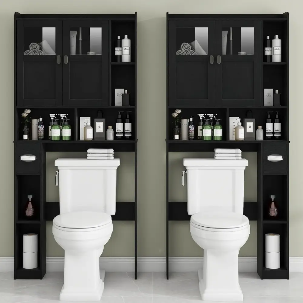 Over The Toilet Storage Cabinet, Bathroom Shelf Over Toilet with Glass Doors and Adjustable Shelves, Black Freestanding Home Sp
