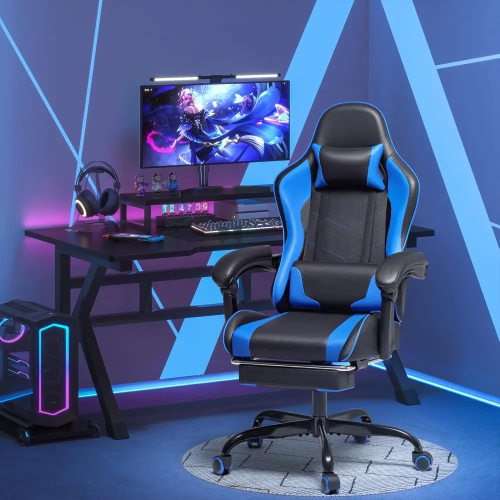 Gaming Chair, Video Game Chair with Footrest and Massage Lumbar Support, Ergonomic Computer Chair Height Adjustable with Swivel