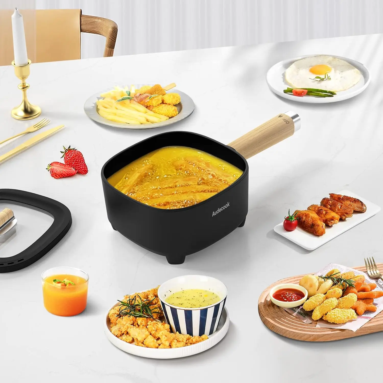 Hot Pot Electric 2L, Cermic Glaze Non-Stick Frying Pan 8 Inch, Portable Travel Cooker for Ramen/Steak/Fried Rice/Oatmeal/Soup,