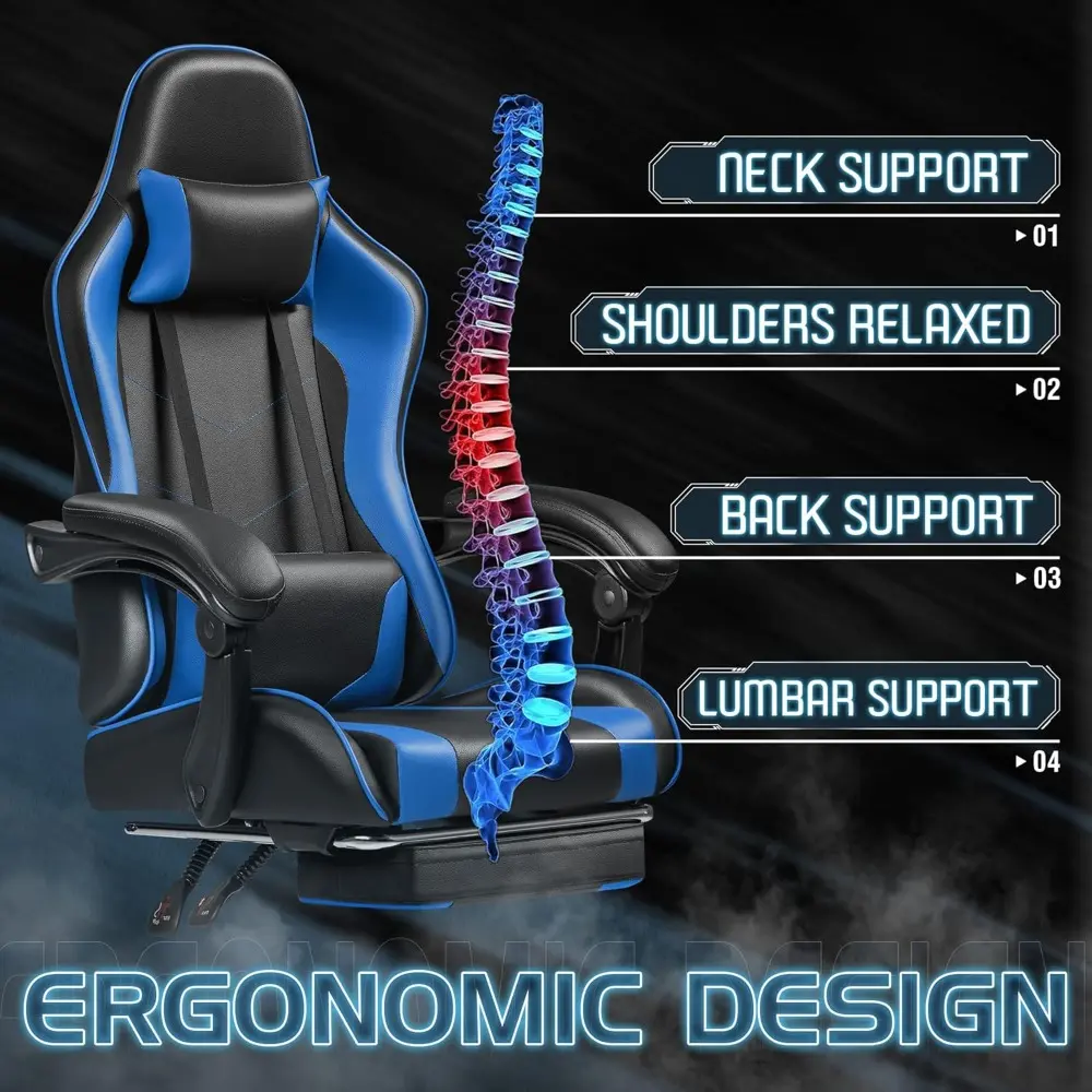Gaming Chair, Video Game Chair with Footrest and Massage Lumbar Support, Ergonomic Computer Chair Height Adjustable with Swivel