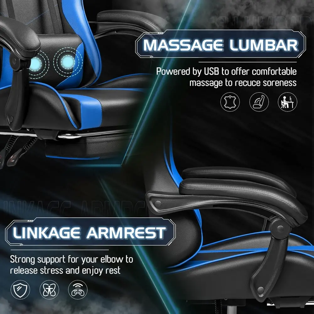 Gaming Chair, Video Game Chair with Footrest and Massage Lumbar Support, Ergonomic Computer Chair Height Adjustable with Swivel