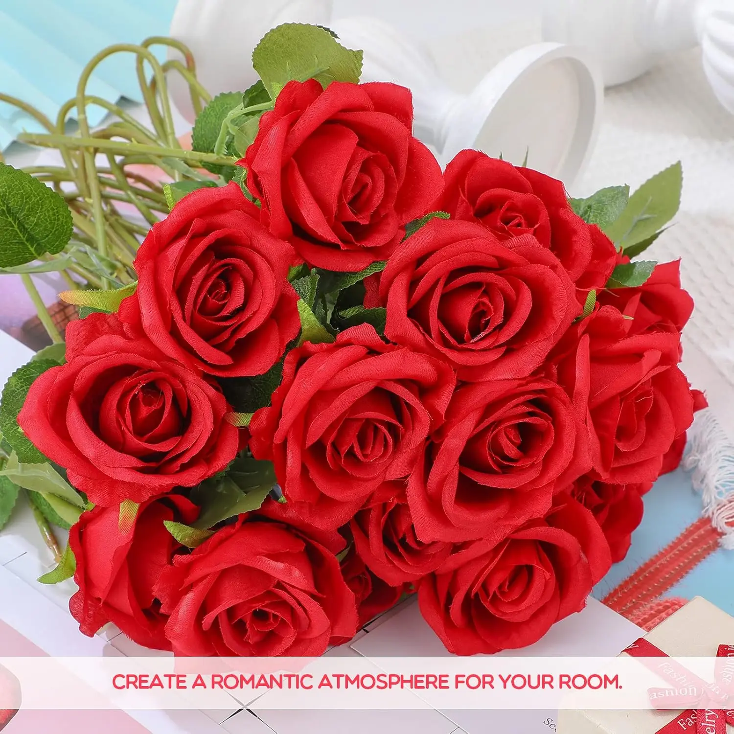 100 Pieces Artificial Roses Flowers Bulk, Long Stem Realistic Fake Silk Roses Bouquet for Table Centerpiece Vases Wedding Party