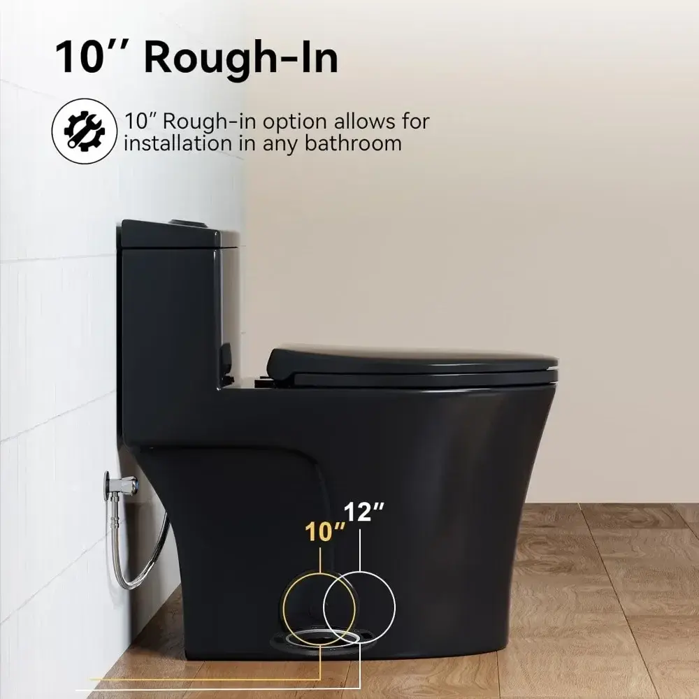 T0338WB Elongated One Piece Toilet 10" Rough-in, Matte Black Toilet with Comfortable 17.3" ADA Chair Height Seat, Powerful Dual