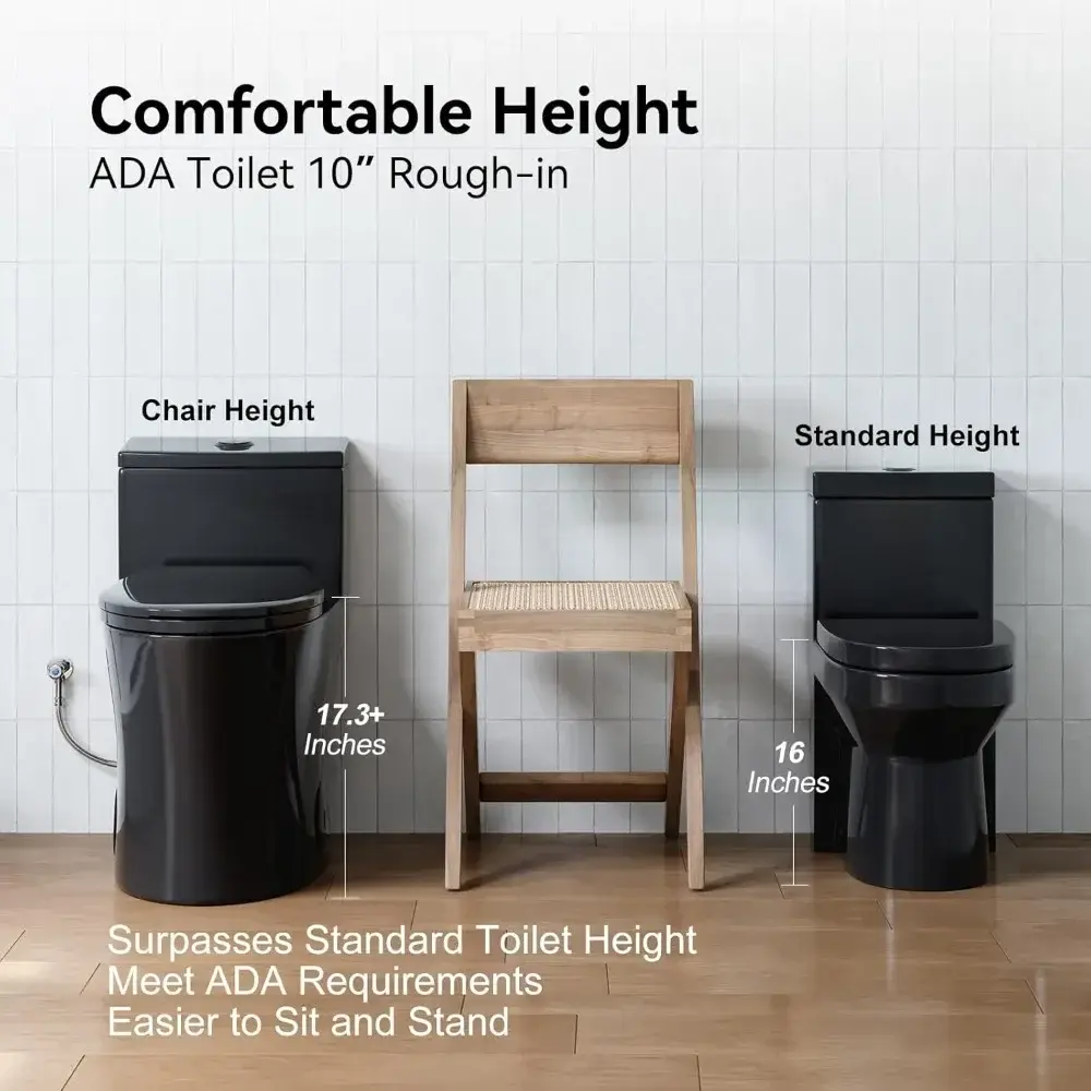 T0338WB Elongated One Piece Toilet 10" Rough-in, Matte Black Toilet with Comfortable 17.3" ADA Chair Height Seat, Powerful Dual