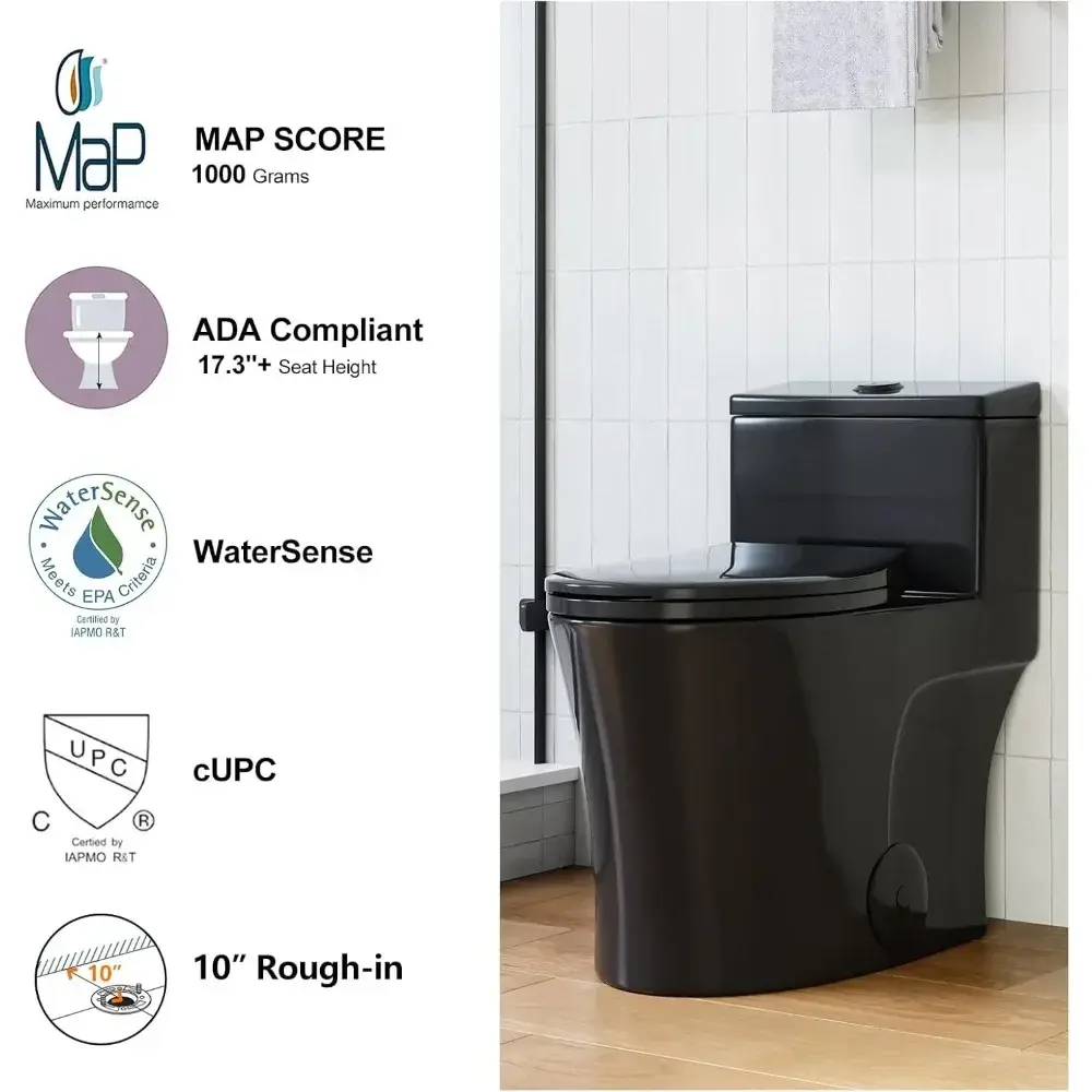 T0338WB Elongated One Piece Toilet 10" Rough-in, Matte Black Toilet with Comfortable 17.3" ADA Chair Height Seat, Powerful Dual