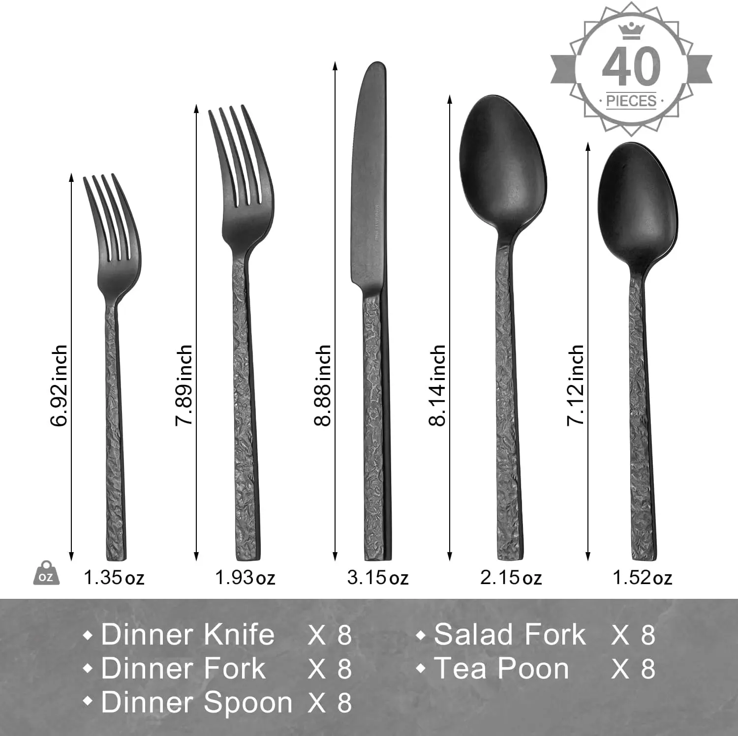40 Pcs Black Hammered Silverware Set for 8, 18/10 Stainless Steel Heavy Duty Flatware Set, Tableware Cutlery Utensil