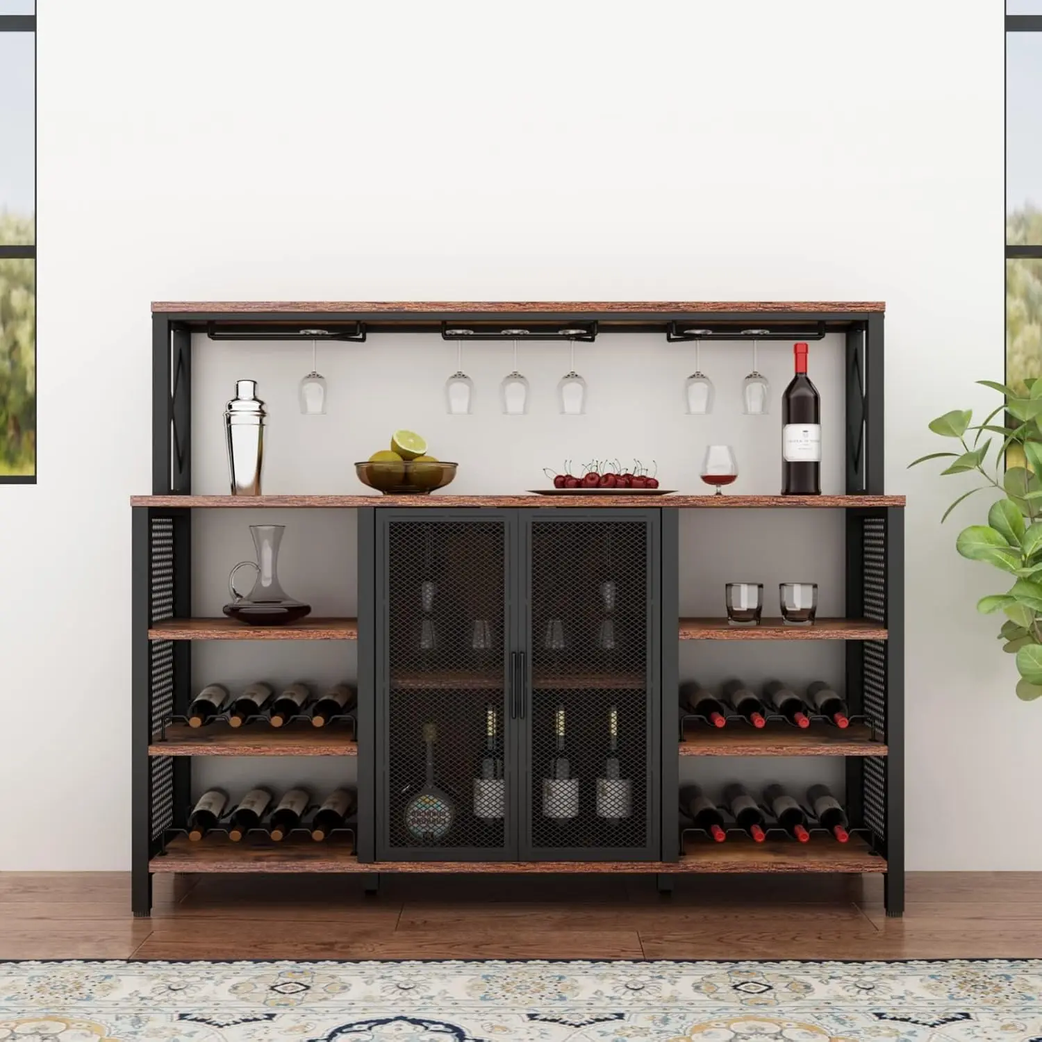 Bar Cabinet, 55 Inches Kitchen Sideboard Buffet Cabinet with Wine Rack Storage, Industry Coffee Bar Cabinet with Wine