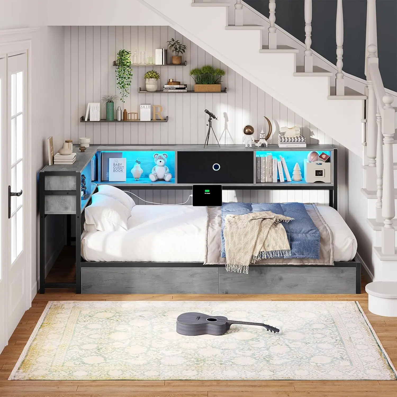 Hasuit Corner Bed Frame with Storage Bookcase, Twin XL Daybed with Storage Drawers Underneath, Kids Bed Unit with Charging Stati