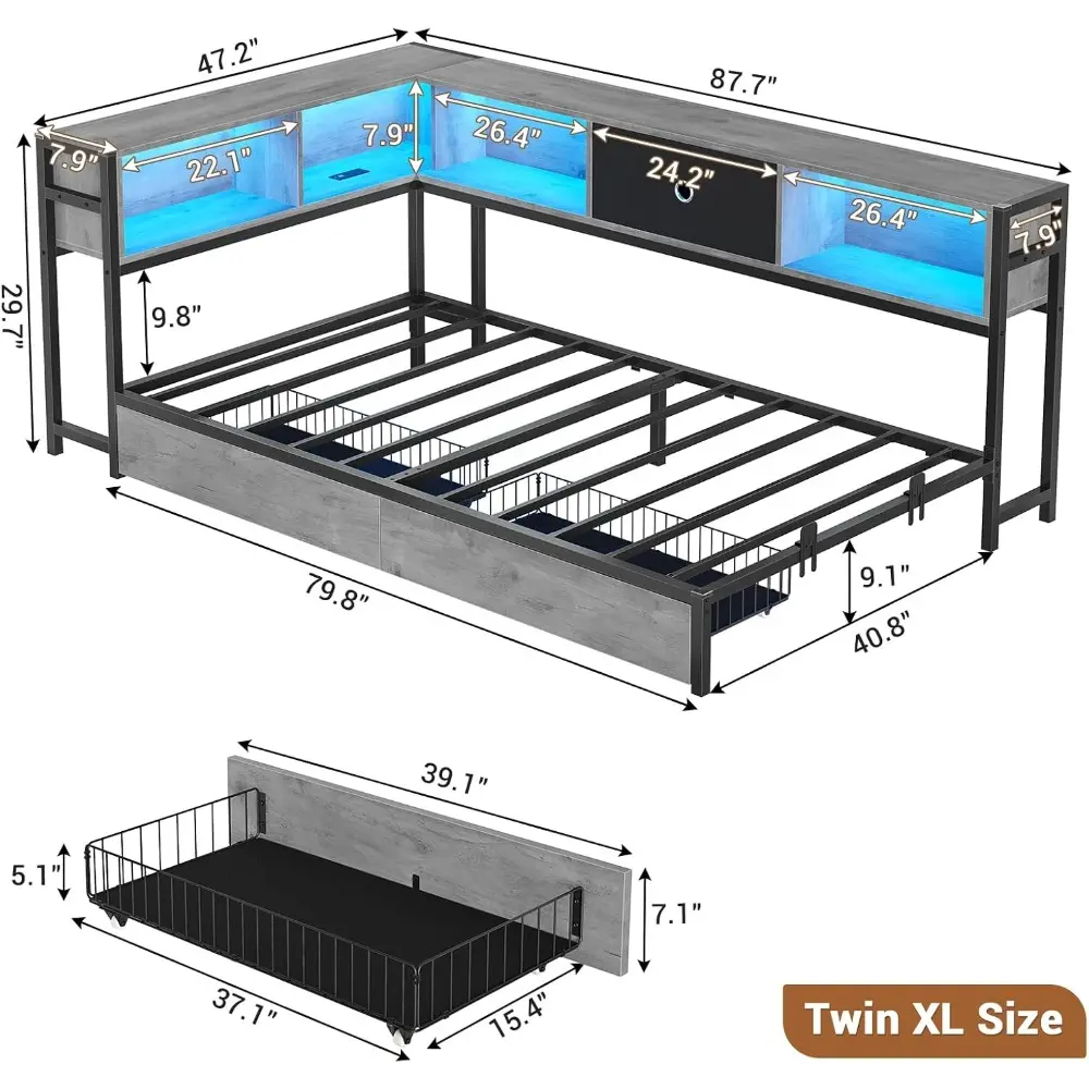 Hasuit Corner Bed Frame with Storage Bookcase, Twin XL Daybed with Storage Drawers Underneath, Kids Bed Unit with Charging Stati