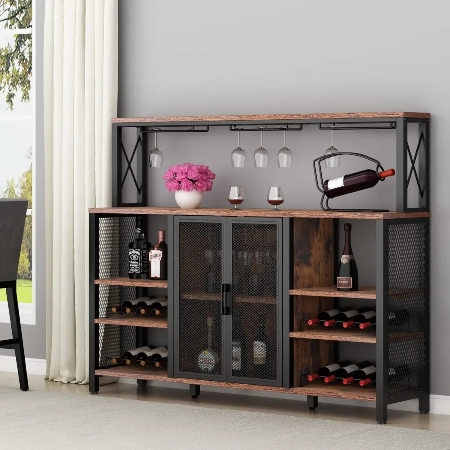 Bar Cabinet, 55 Inches Kitchen Sideboard Buffet Cabinet with Wine Rack Storage, Industry Coffee Bar Cabinet with Wine