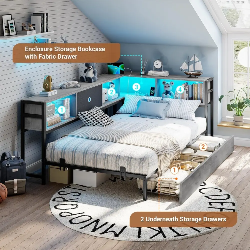 Hasuit Corner Bed Frame with Storage Bookcase, Twin XL Daybed with Storage Drawers Underneath, Kids Bed Unit with Charging Stati