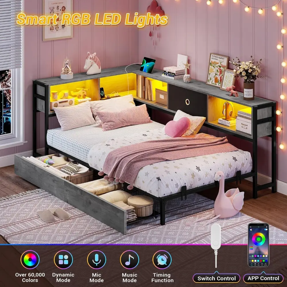 Hasuit Corner Bed Frame with Storage Bookcase, Twin XL Daybed with Storage Drawers Underneath, Kids Bed Unit with Charging Stati