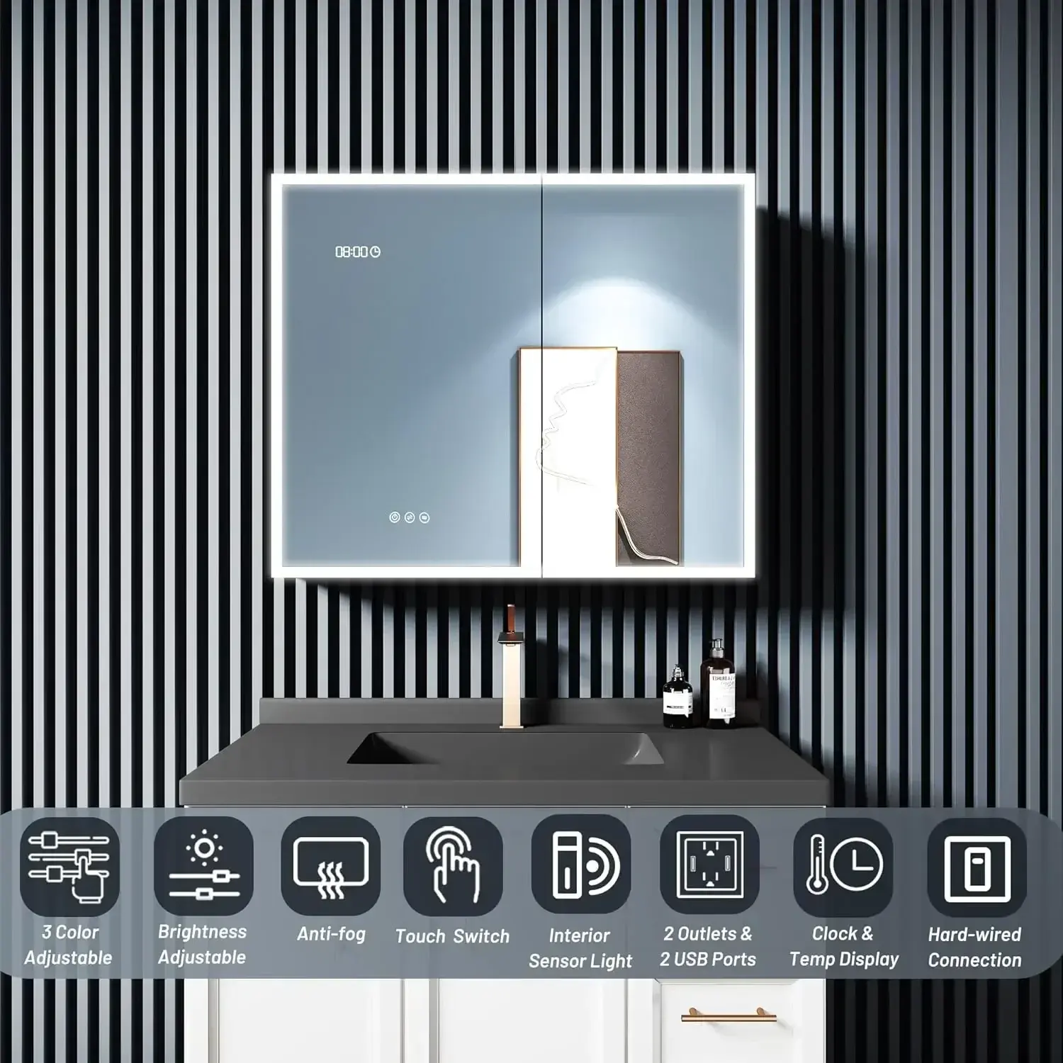 Lighted Medicine Cabinet with Mirror, 2 Door Bathroom Mirror Cabinet with 2 Outlets & USB Ports, Defogger, Dimmer, Clock & Temp