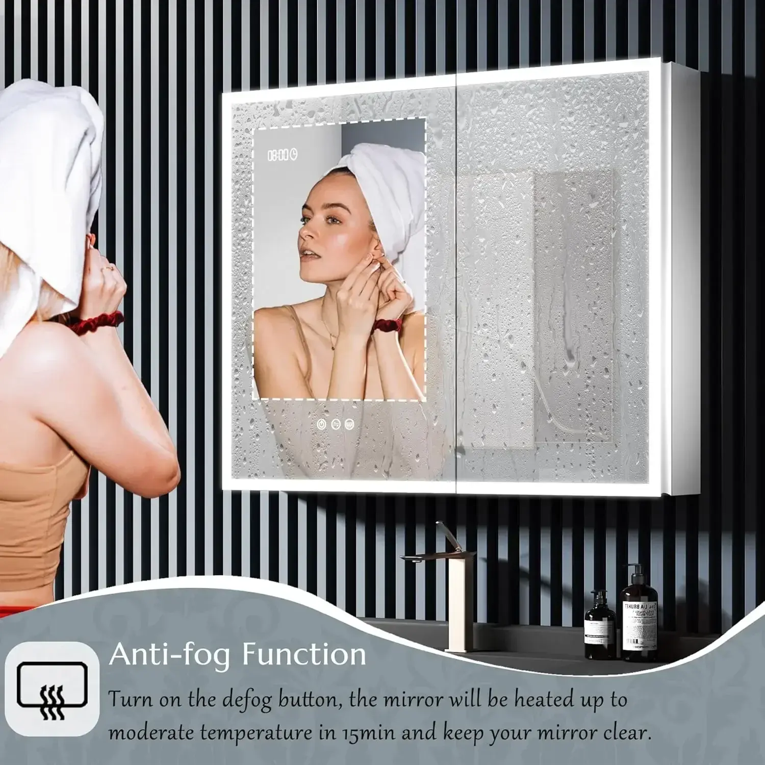Lighted Medicine Cabinet with Mirror, 2 Door Bathroom Mirror Cabinet with 2 Outlets & USB Ports, Defogger, Dimmer, Clock & Temp
