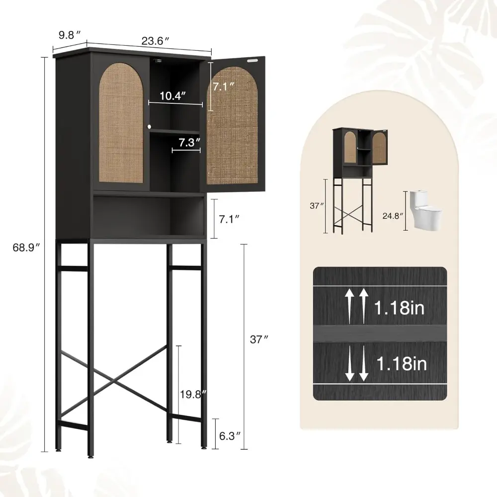 Rattan Toilet Storage Cabinet, Over The Rack Wood Cabinet with Metal Stand, Bathroom Organizer with Adjustable Shelf, Tall Frees