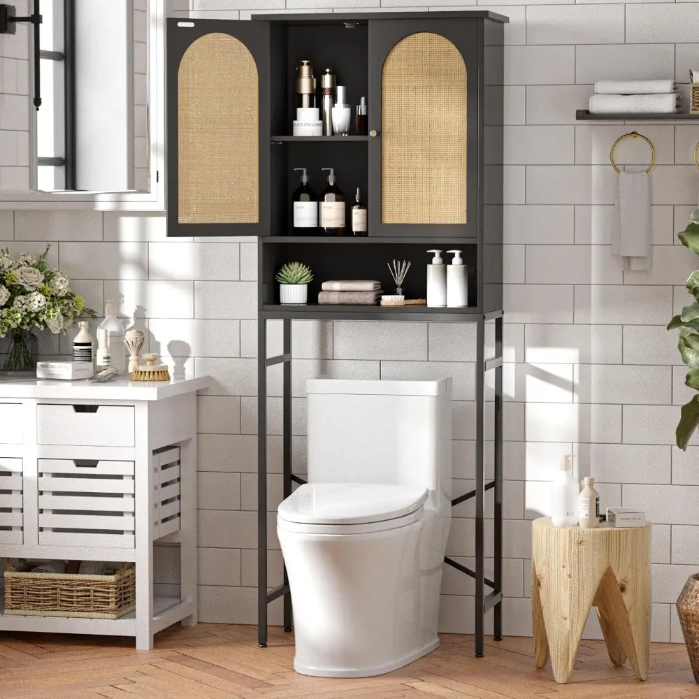Rattan Toilet Storage Cabinet, Over The Rack Wood Cabinet with Metal Stand, Bathroom Organizer with Adjustable Shelf, Tall Frees