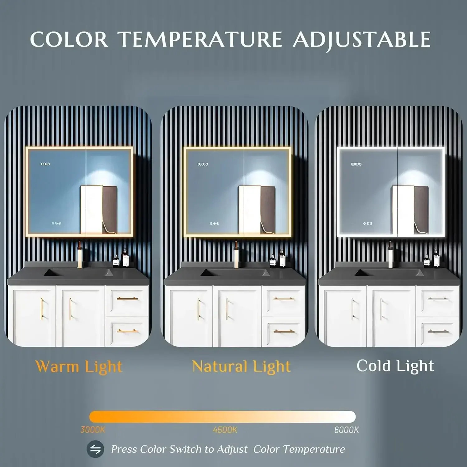 Lighted Medicine Cabinet with Mirror, 2 Door Bathroom Mirror Cabinet with 2 Outlets & USB Ports, Defogger, Dimmer, Clock & Temp