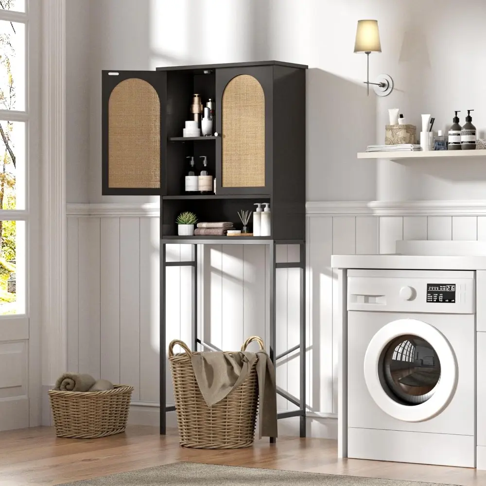 Rattan Toilet Storage Cabinet, Over The Rack Wood Cabinet with Metal Stand, Bathroom Organizer with Adjustable Shelf, Tall Frees