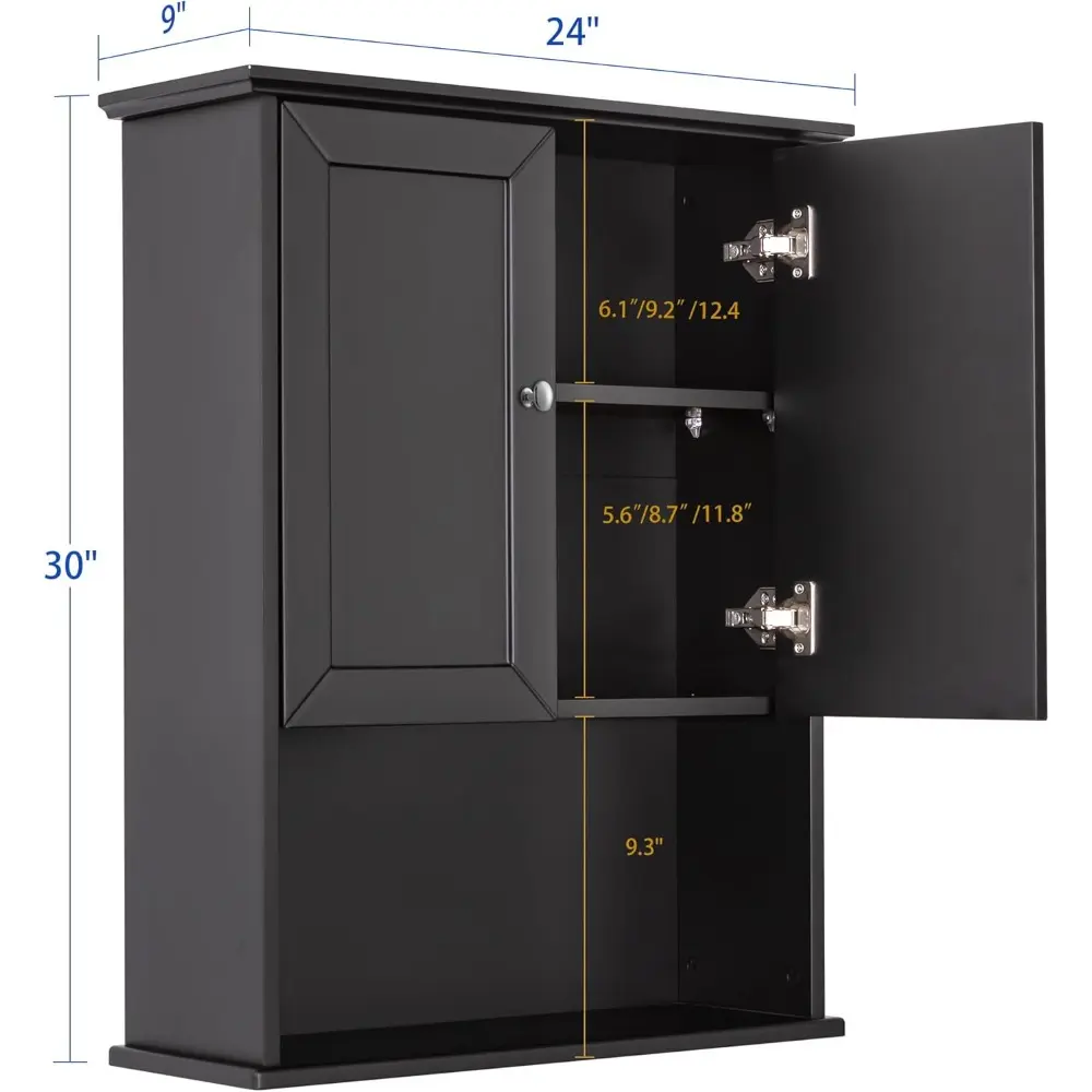 Black Wall Cabinet 24x30 Inch Wooden Over The Toilet Storage Cabinets with 2 Doors, Above Toilet Storage Medicine Cabinets for B